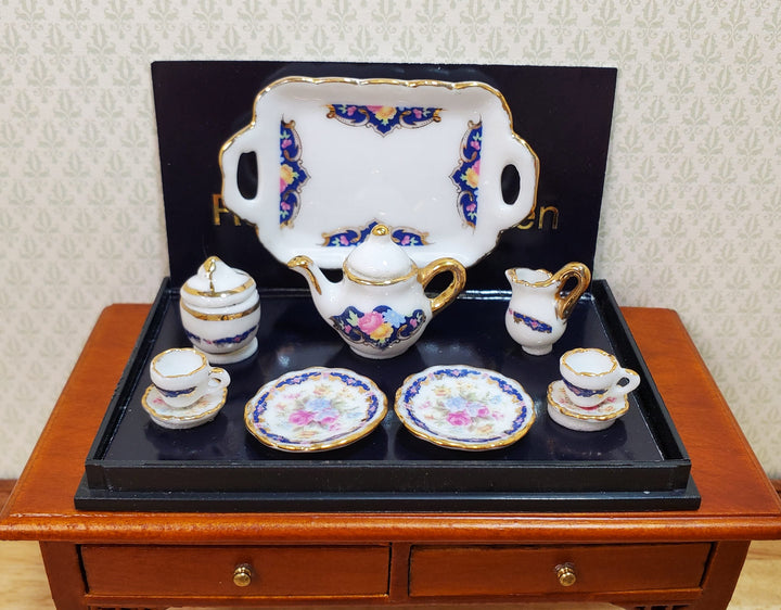 Dollhouse Tea Set Reutter Porcelain Royal Blue 1:12 Scale Plates Tray Cups - MiniatureCrush