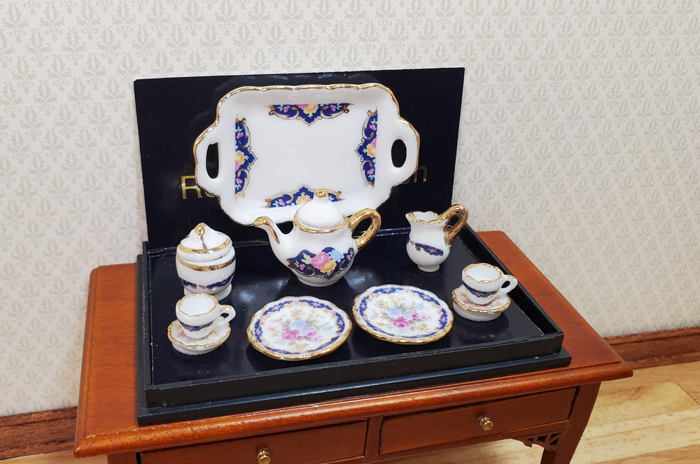Dollhouse Tea Set Reutter Porcelain Royal Blue 1:12 Scale Plates Tray Cups - MiniatureCrush