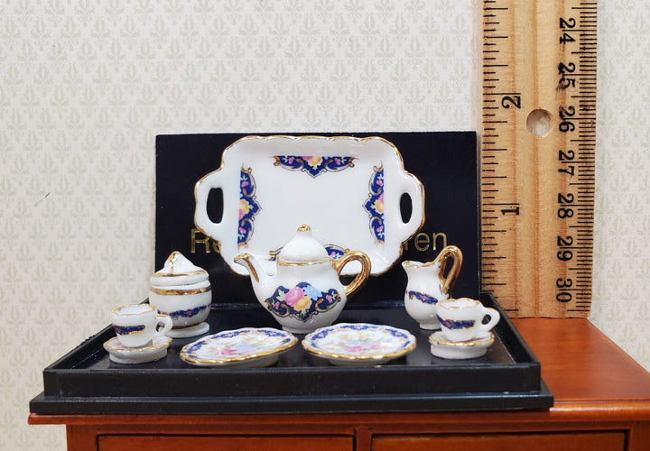 Dollhouse Tea Set Reutter Porcelain Royal Blue 1:12 Scale Plates Tray Cups - MiniatureCrush