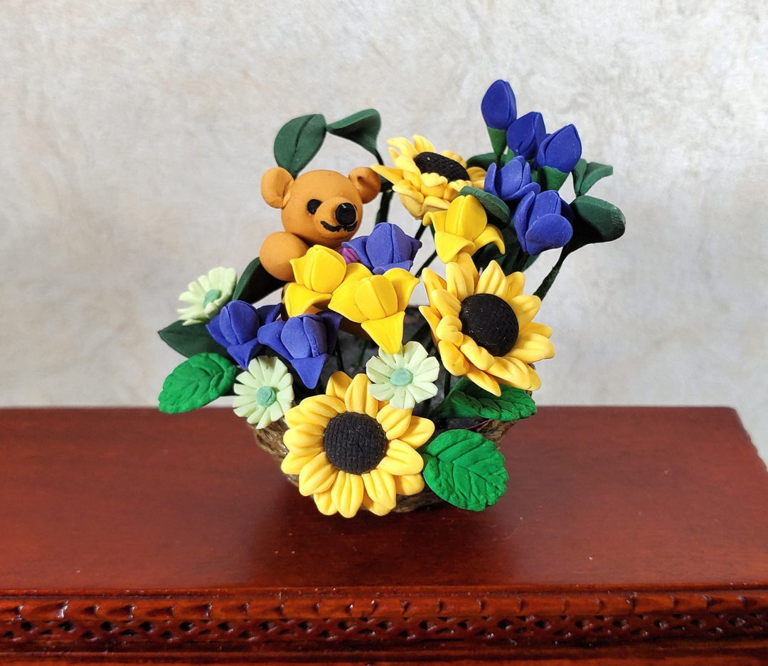 Dollhouse Teddy Bear Floral Arrangement in a Brown Basket 1:12 Scale Miniature - MiniatureCrush
