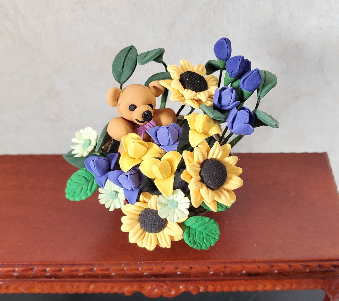 Dollhouse Teddy Bear Floral Arrangement in a Brown Basket 1:12 Scale Miniature - MiniatureCrush