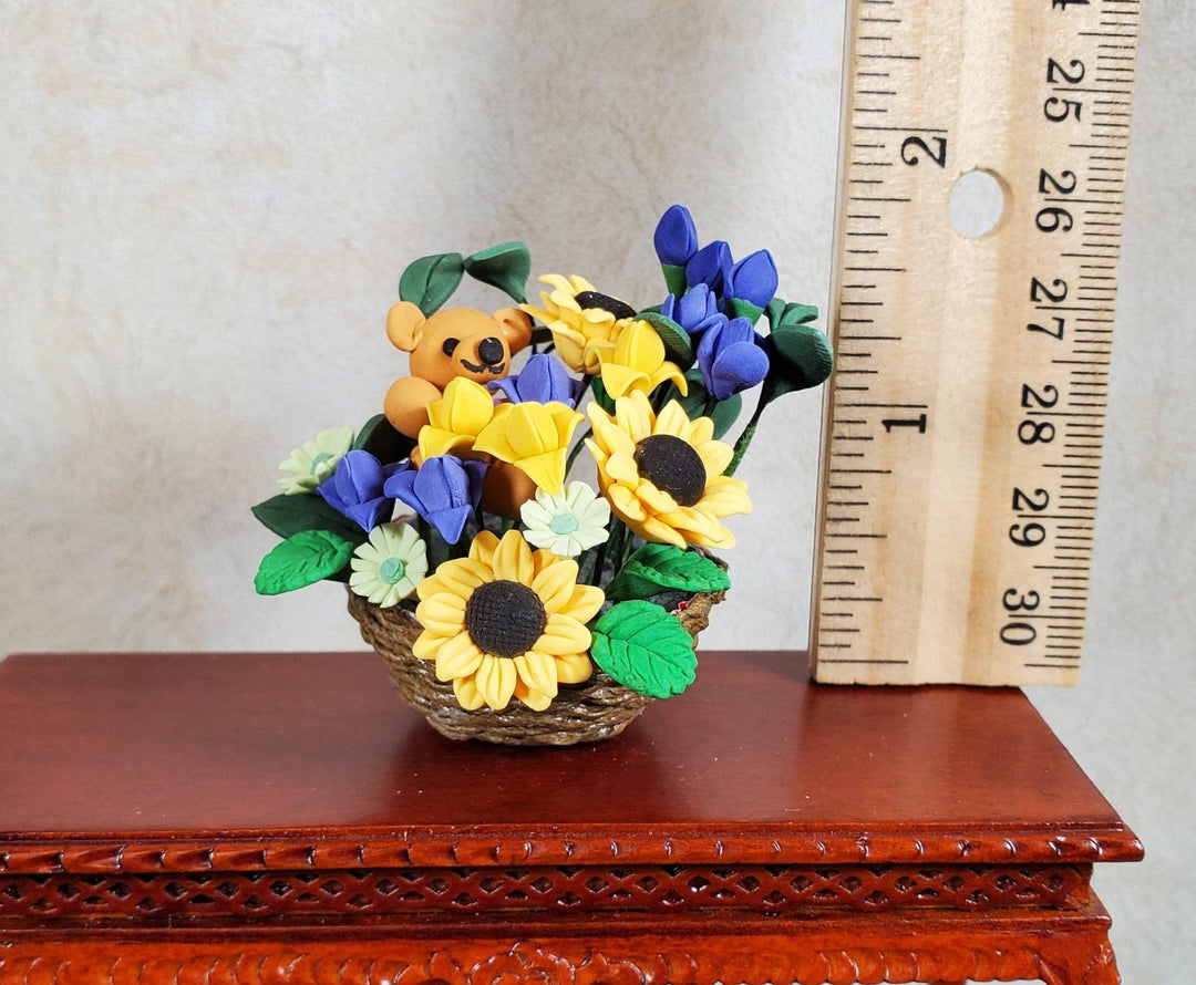 Dollhouse Teddy Bear Floral Arrangement in a Brown Basket 1:12 Scale Miniature - MiniatureCrush