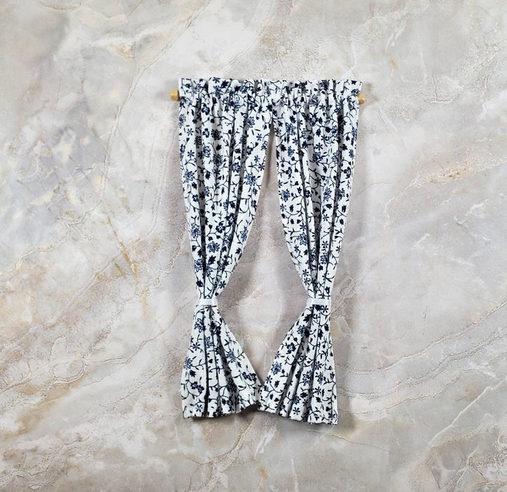 Dollhouse Tie Back Curtains Navy Blue White Floral 1:12 Scale Handmade - MiniatureCrush