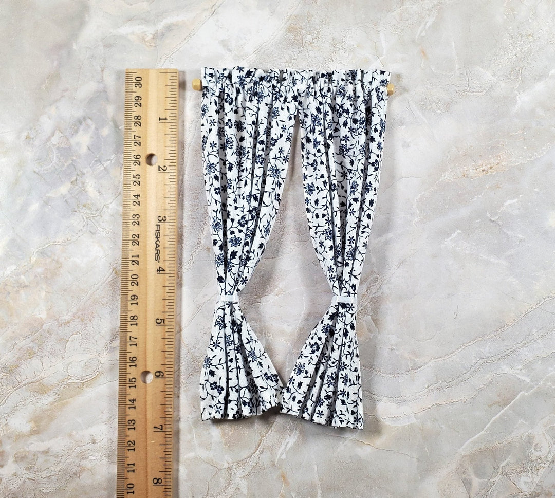 Dollhouse Tie Back Curtains Navy Blue White Floral 1:12 Scale Handmade - MiniatureCrush
