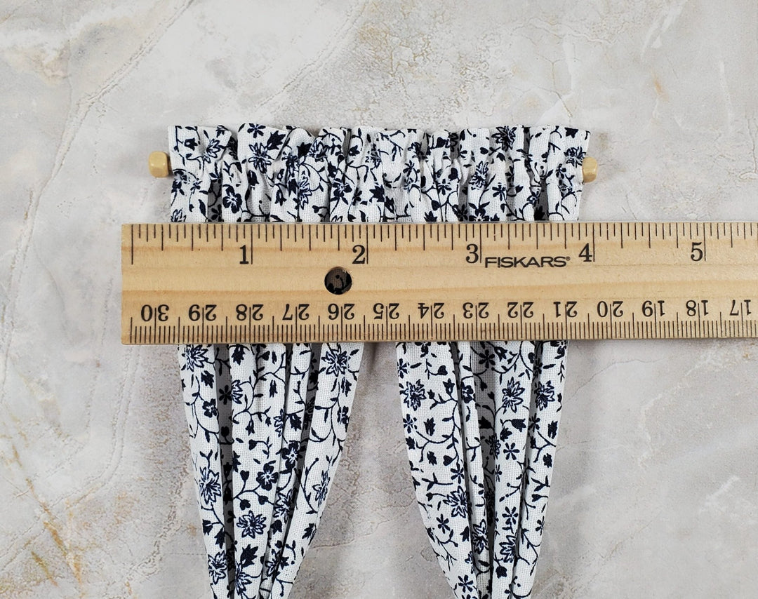 Dollhouse Tie Back Curtains Navy Blue White Floral 1:12 Scale Handmade - MiniatureCrush