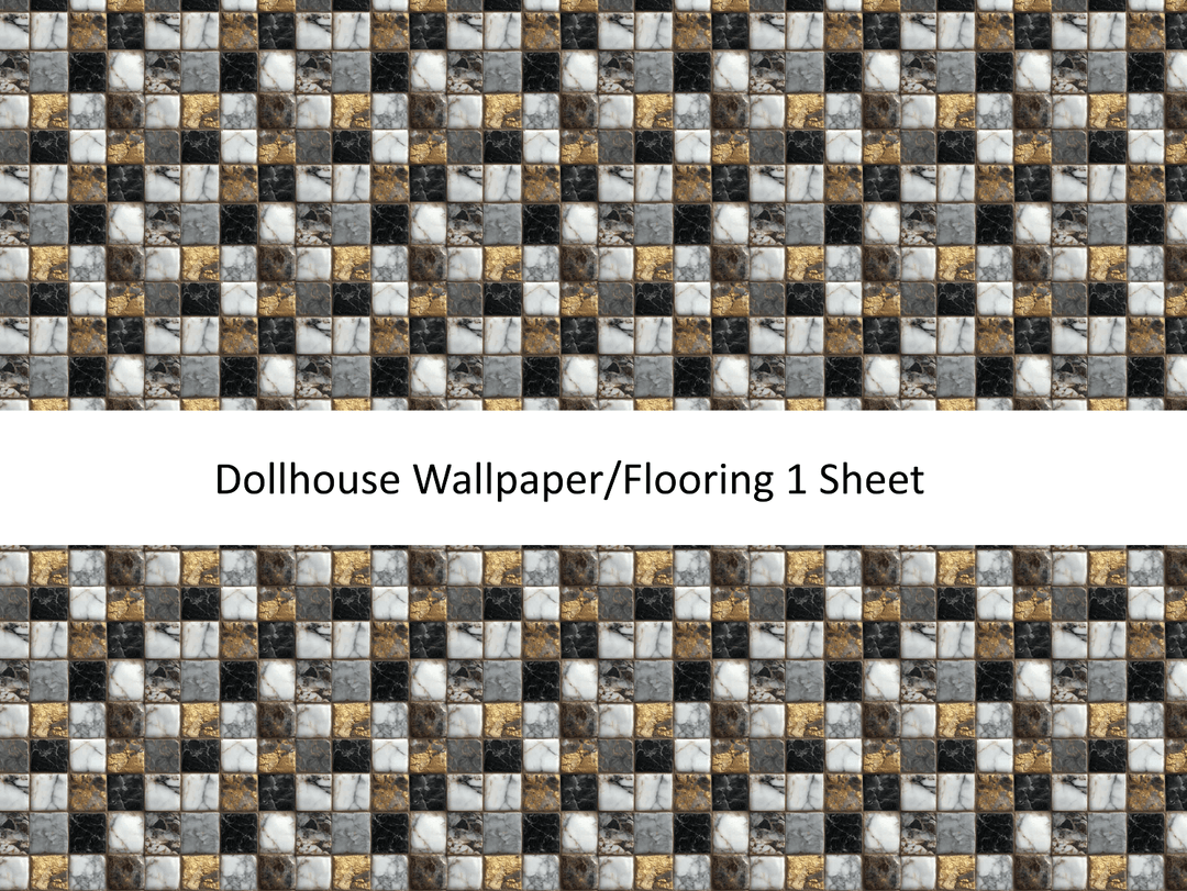 Dollhouse Tile Paper Flooring or Backsplash Black White Gold 1:12 Scale - MiniatureCrush