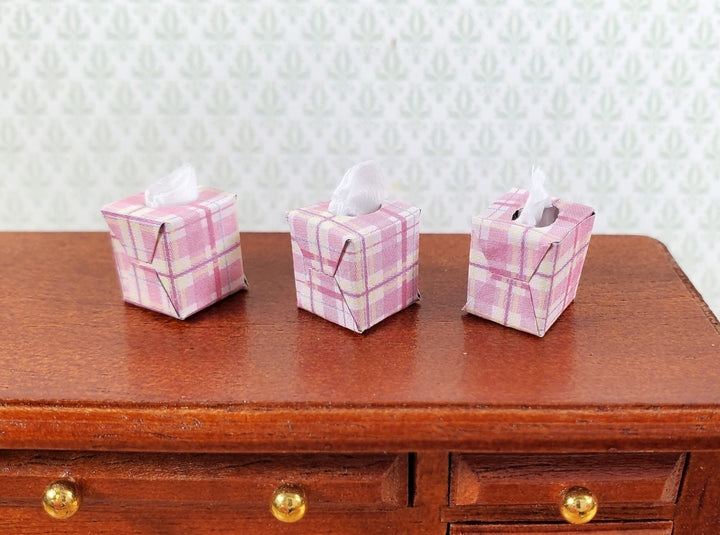 Dollhouse Tissue Boxes x3 Pink Plaid 1:12 Scale Miniature Modern Bathroom - Miniature Crush