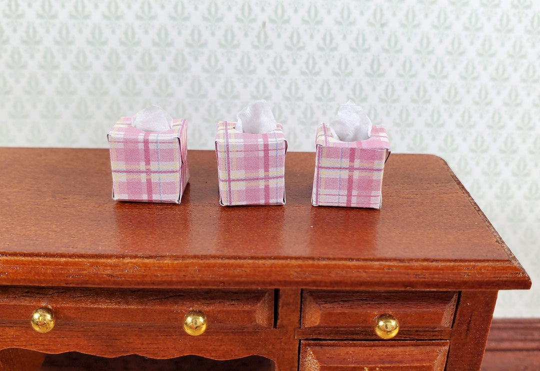 Dollhouse Tissue Boxes x3 Pink Plaid 1:12 Scale Miniature Modern Bathroom - Miniature Crush