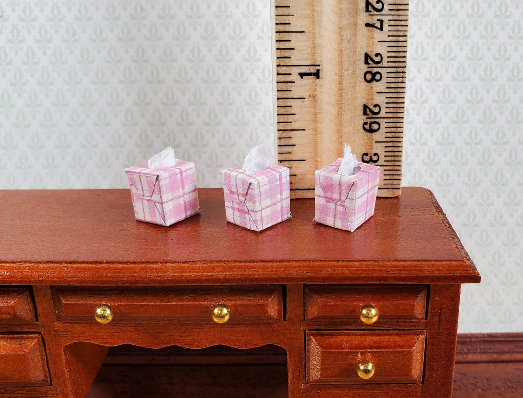 Dollhouse Tissue Boxes x3 Pink Plaid 1:12 Scale Miniature Modern Bathroom - Miniature Crush