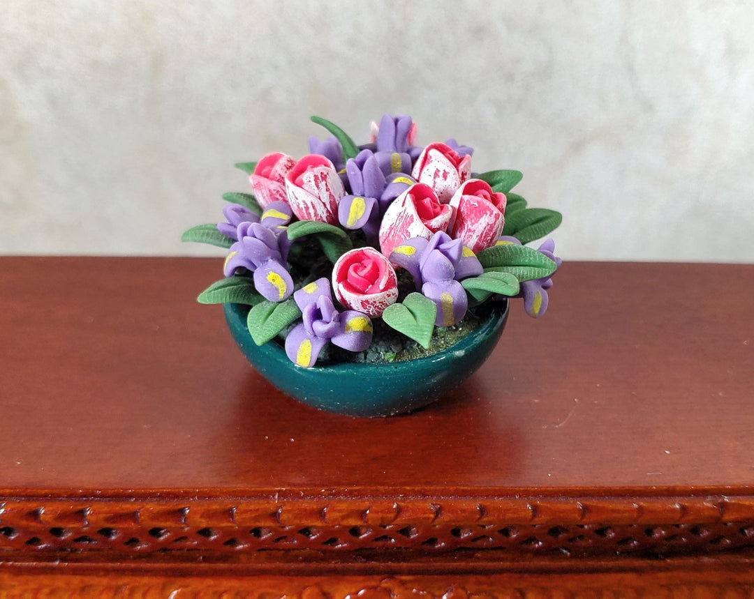 Dollhouse Tulips and Iris Arrangement in a Dark Green Bowl 1:12 Scale Miniature - MiniatureCrush