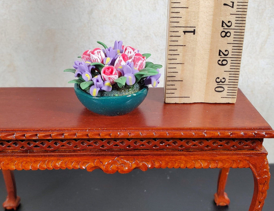 Dollhouse Tulips and Iris Arrangement in a Dark Green Bowl 1:12 Scale Miniature - MiniatureCrush