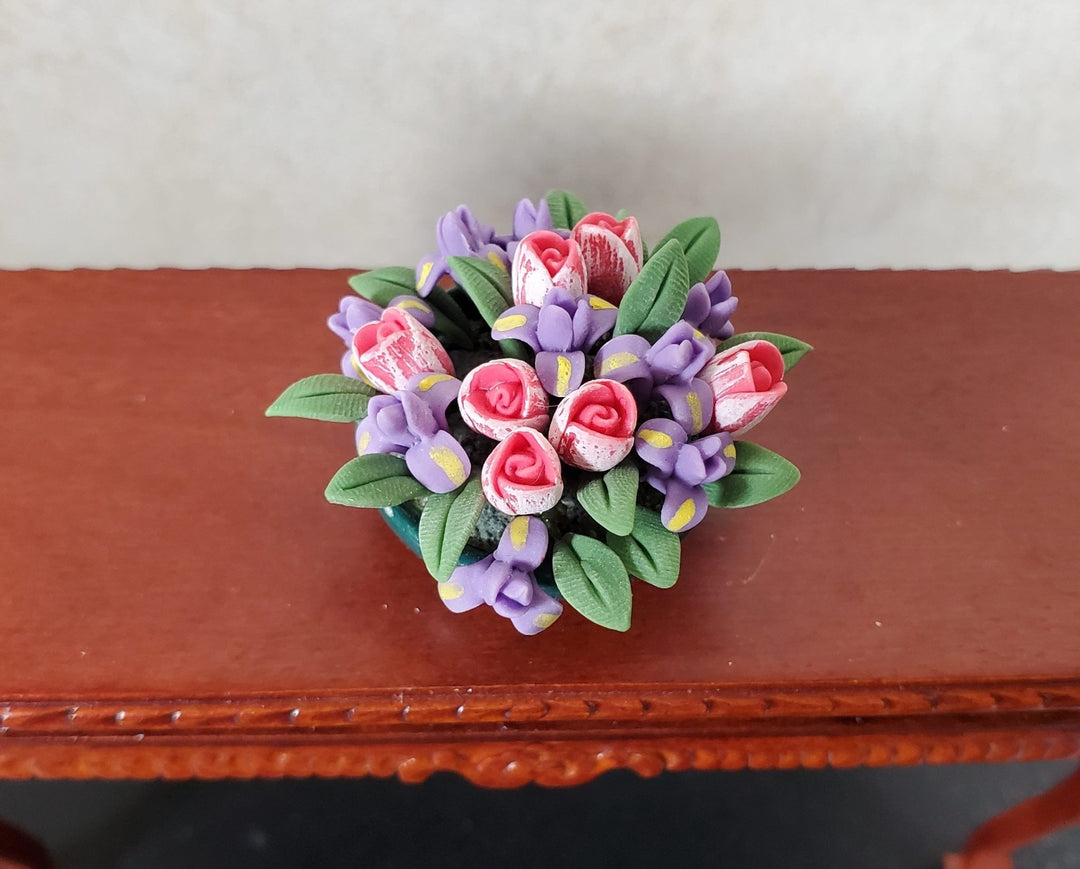 Dollhouse Tulips and Iris Arrangement in a Dark Green Bowl 1:12 Scale Miniature - MiniatureCrush
