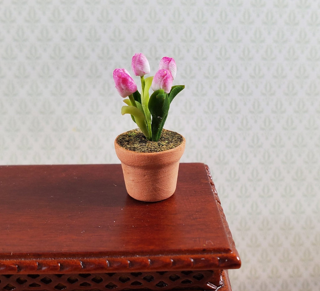 Dollhouse Tulips Pink and White in a Terra Cotta Planter 1:12 Scale Miniature - Miniature Crush