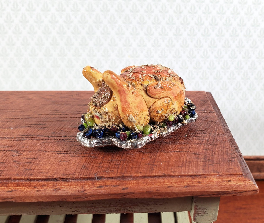 Dollhouse Turkey on a Silver Platter with Grapes 1:12 Scale Miniature Food - Miniature Crush