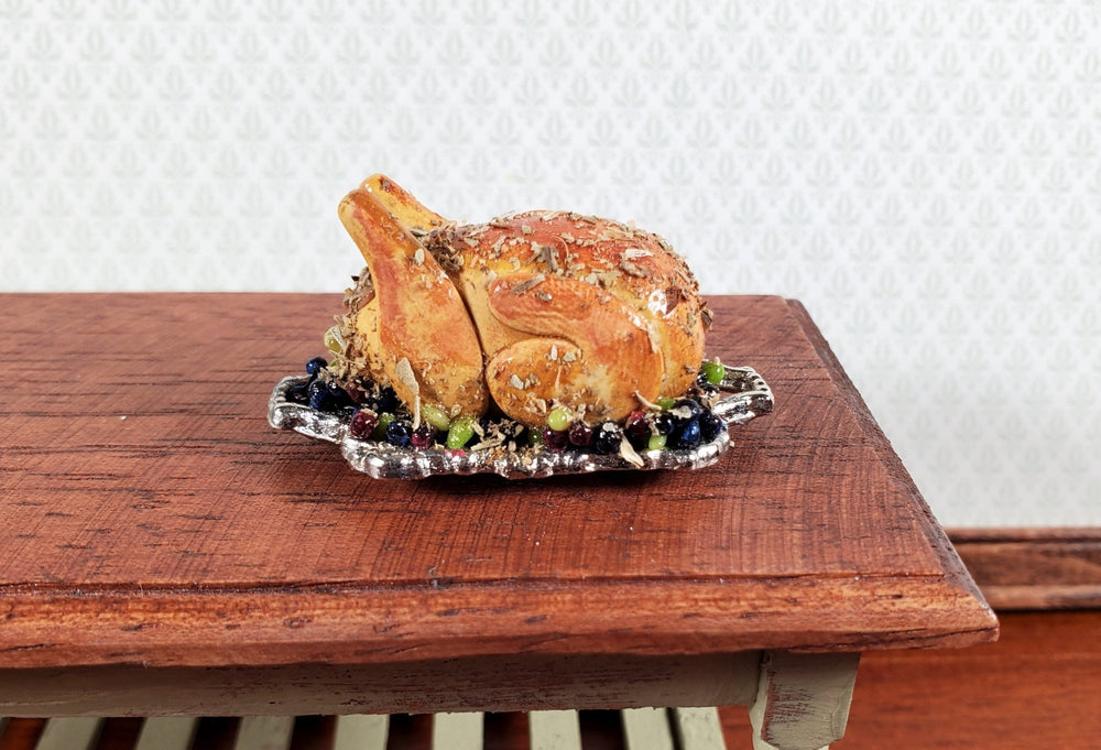 Dollhouse Turkey on a Silver Platter with Grapes 1:12 Scale Miniature Food - Miniature Crush