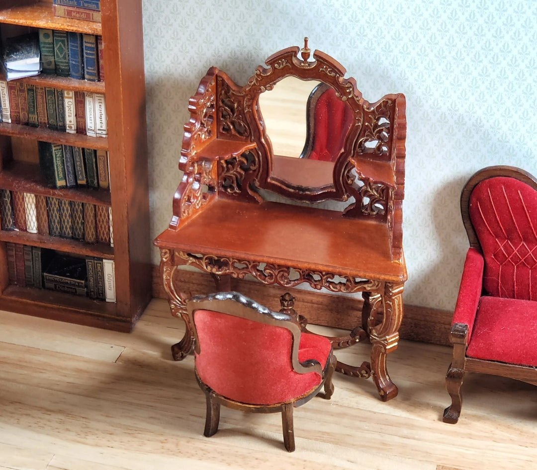 Dollhouse Vanity Dressing Table Walnut Finish 1:12 Scale by Hasson Miniatures - MiniatureCrush