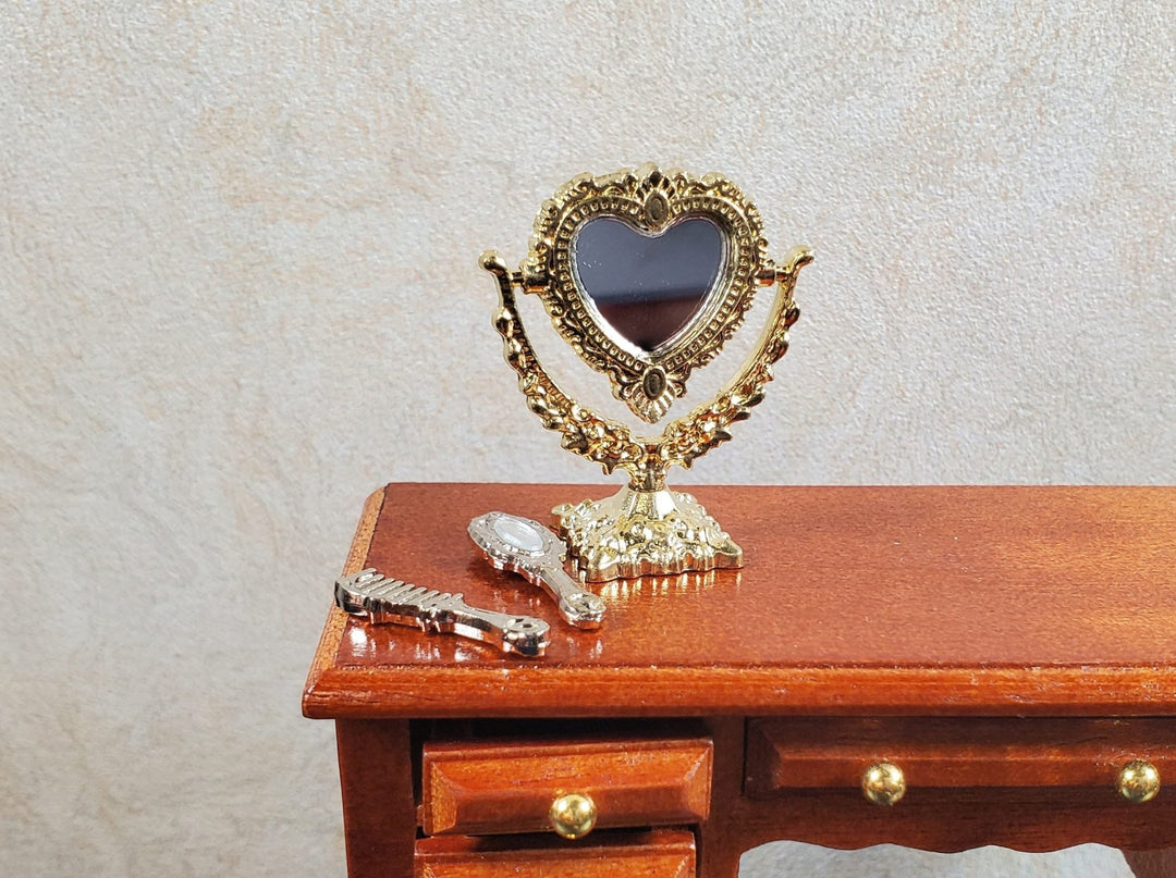 Dollhouse Vanity Make - Up Mirror with Comb and Small Mirror Heart 1:12 Scale - MiniatureCrush