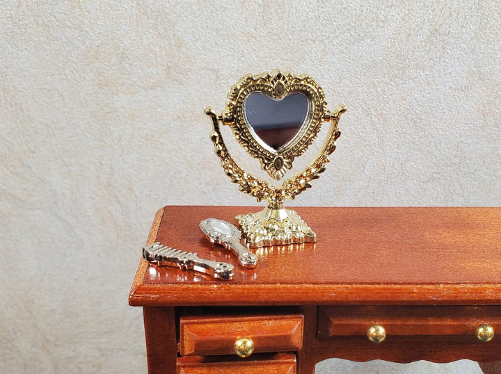Dollhouse Vanity Make - Up Mirror with Comb and Small Mirror Heart 1:12 Scale - MiniatureCrush