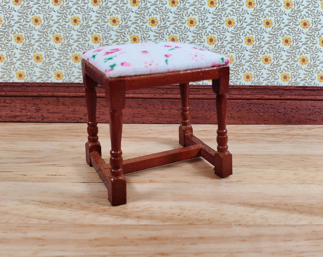 Dollhouse Vanity Stool Bench Walnut Finish Fabric Seat 1:12 Scale Furniture - Miniature Crush