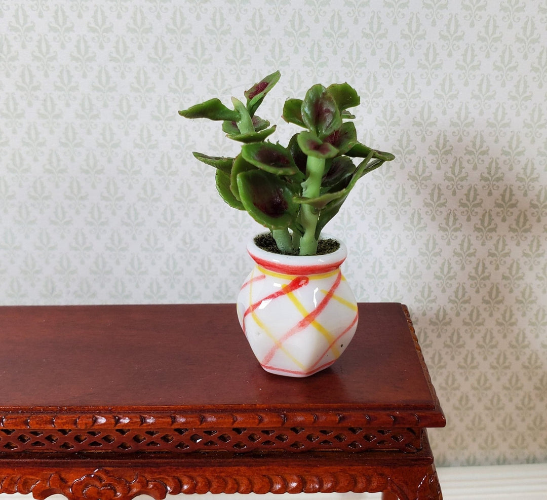 Dollhouse Variegated Coleus Plant in a Striped White Pot 1:12 Scale Miniature - MiniatureCrush