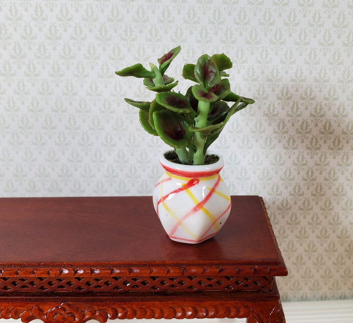 Dollhouse Variegated Coleus Plant in a Striped White Pot 1:12 Scale Miniature - MiniatureCrush