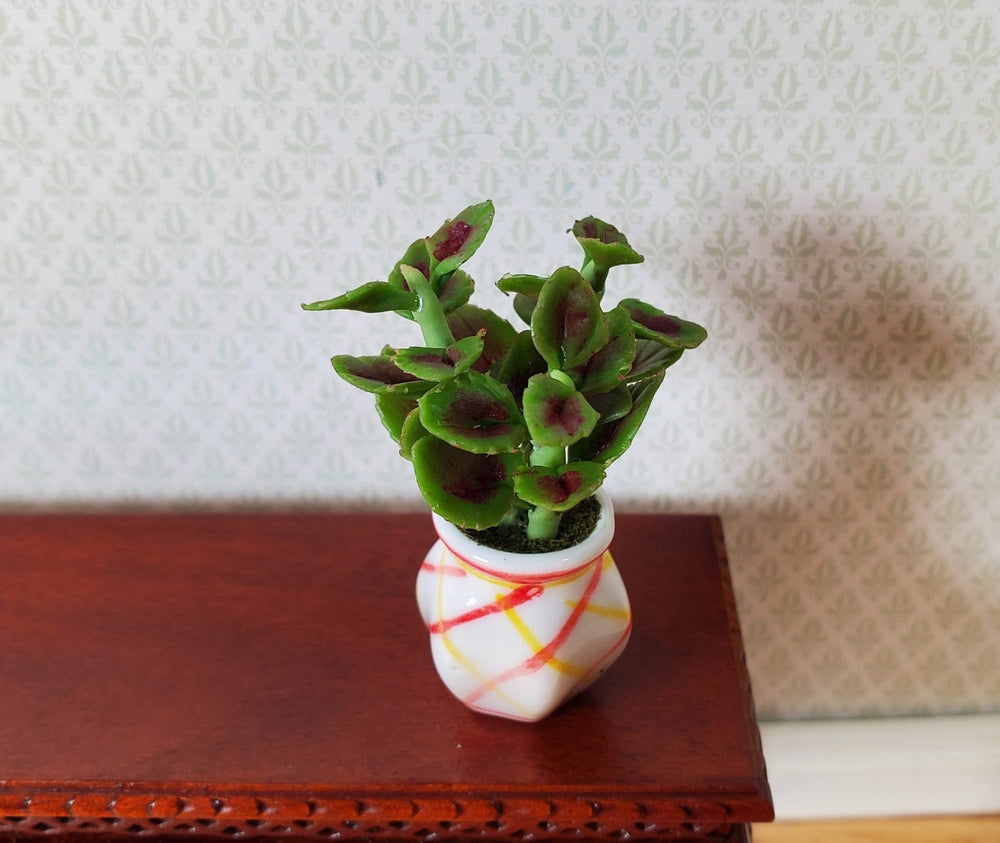 Dollhouse Variegated Coleus Plant in a Striped White Pot 1:12 Scale Miniature - MiniatureCrush