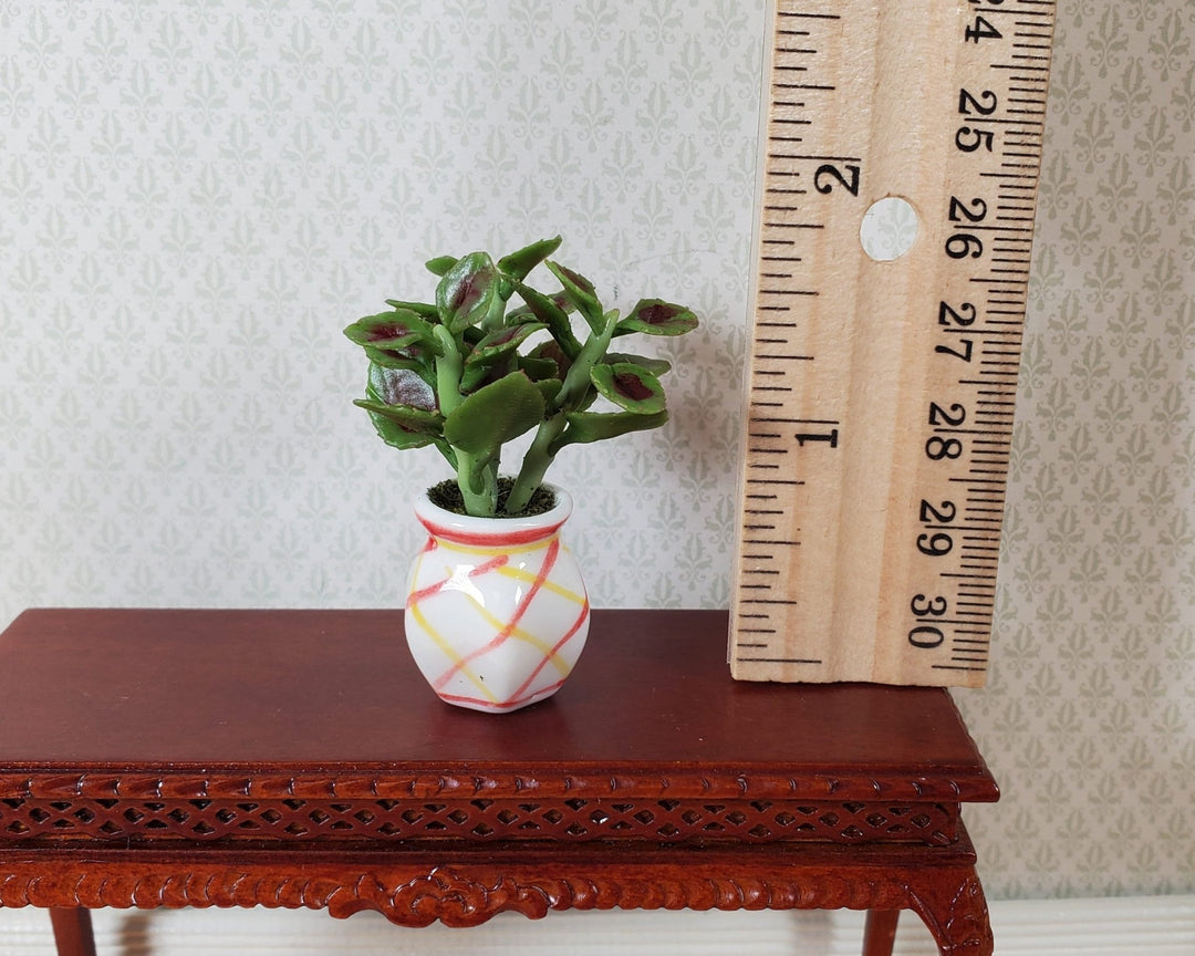 Dollhouse Variegated Coleus Plant in a Striped White Pot 1:12 Scale Miniature - MiniatureCrush