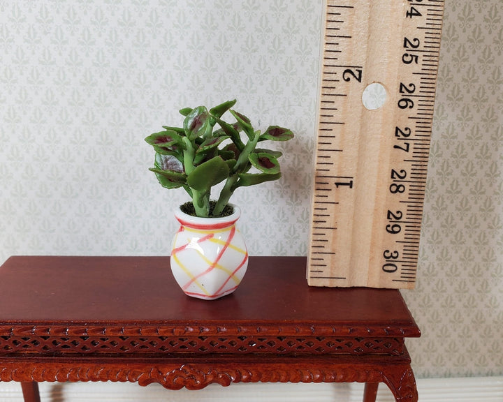 Dollhouse Variegated Coleus Plant in a Striped White Pot 1:12 Scale Miniature - MiniatureCrush