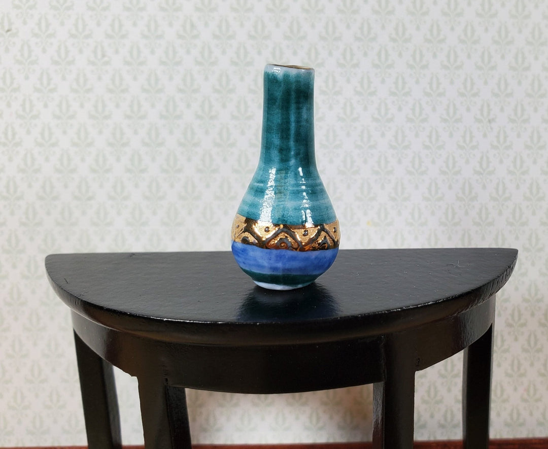 Dollhouse Vase Blue Green Gold Ceramic for Flowers or Decoration 1:12 Scale - Miniature Crush