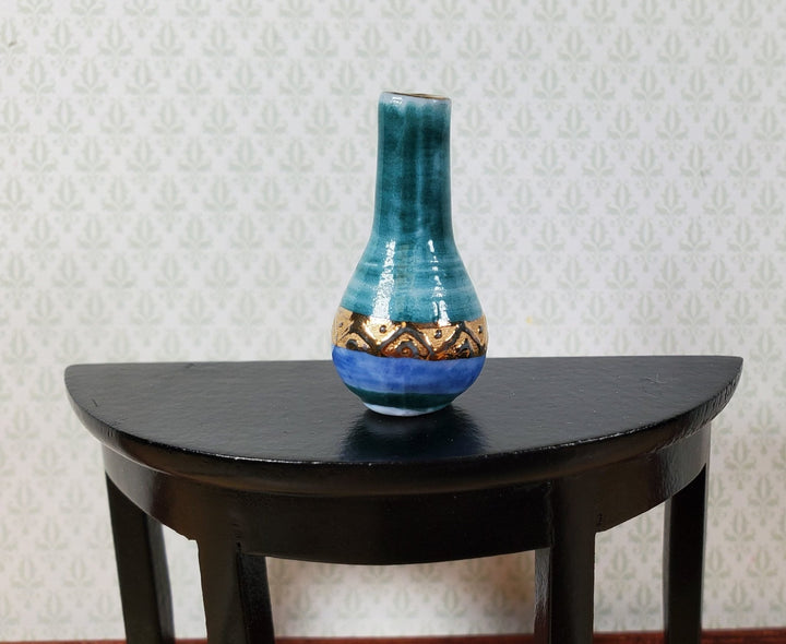 Dollhouse Vase Blue Green Gold Ceramic for Flowers or Decoration 1:12 Scale - Miniature Crush