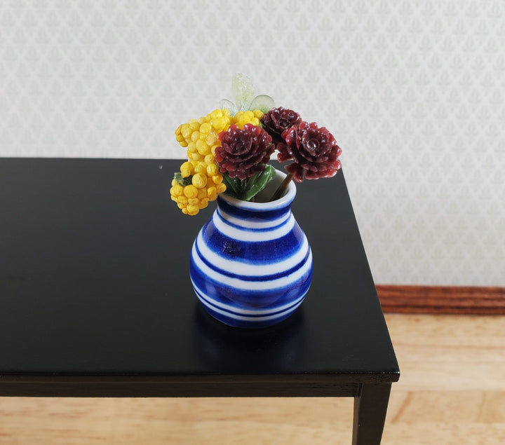 Dollhouse Vase Blue & White Striped Large for Flowers Ceramic 1:12 Scale - MiniatureCrush