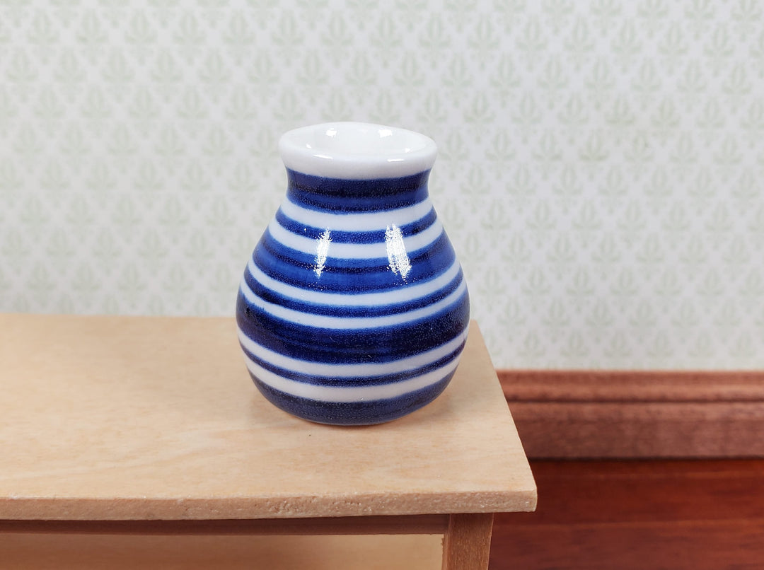 Dollhouse Vase Blue & White Stripes Wide Mouth Ceramic 1:12 Scale Miniature - MiniatureCrush