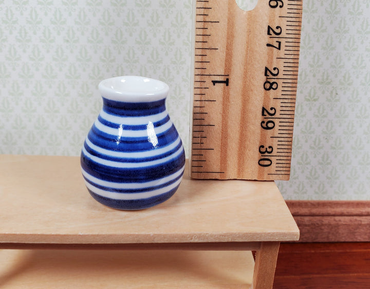 Dollhouse Vase Blue & White Stripes Wide Mouth Ceramic 1:12 Scale Miniature - MiniatureCrush
