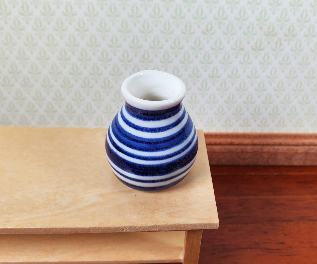 Dollhouse Vase Blue & White Stripes Wide Mouth Ceramic 1:12 Scale Miniature - MiniatureCrush
