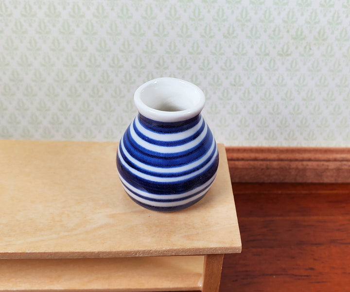Dollhouse Vase Blue & White Stripes Wide Mouth Ceramic 1:12 Scale Miniature - MiniatureCrush