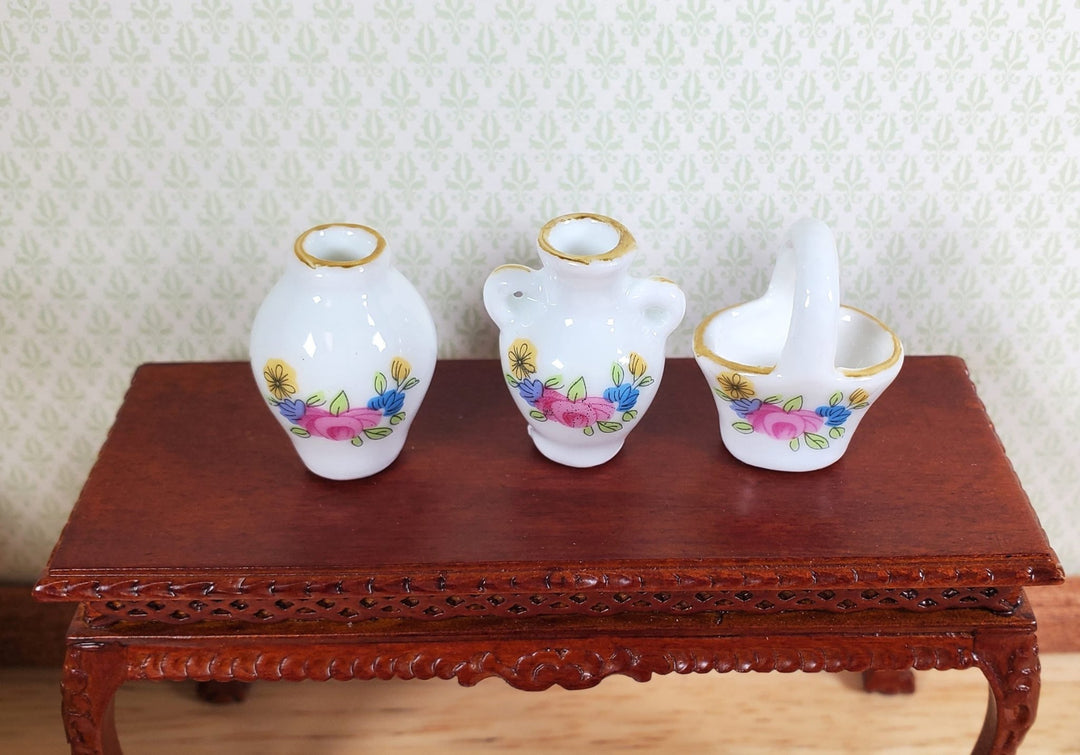 Dollhouse Vase Urn & Basket Ceramic White Pink Floral 3pc 1:12 Scale Miniatures - MiniatureCrush