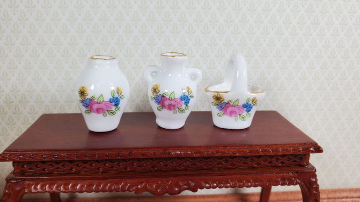 Dollhouse Vase Urn & Basket Ceramic White Pink Floral 3pc 1:12 Scale Miniatures - MiniatureCrush