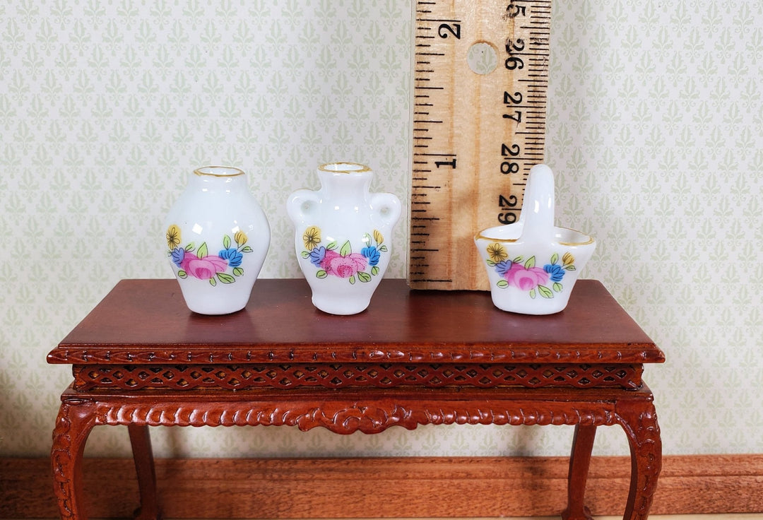 Dollhouse Vase Urn & Basket Ceramic White Pink Floral 3pc 1:12 Scale Miniatures - MiniatureCrush