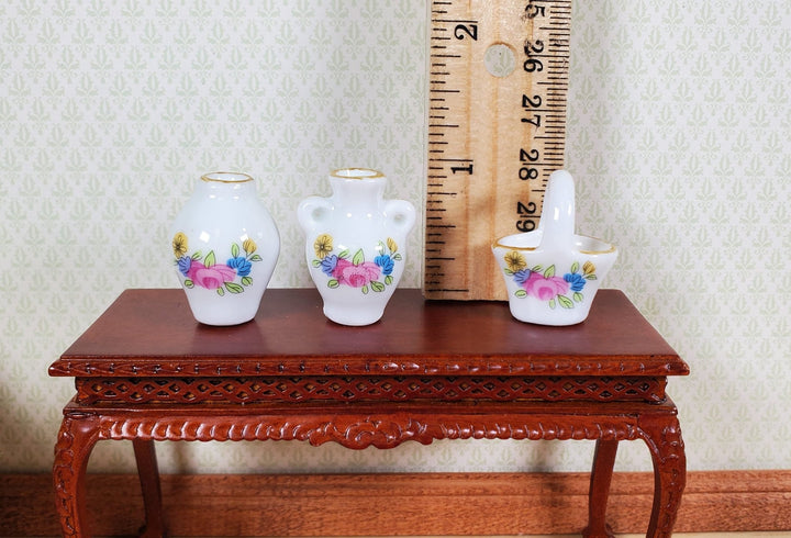 Dollhouse Vase Urn & Basket Ceramic White Pink Floral 3pc 1:12 Scale Miniatures - MiniatureCrush