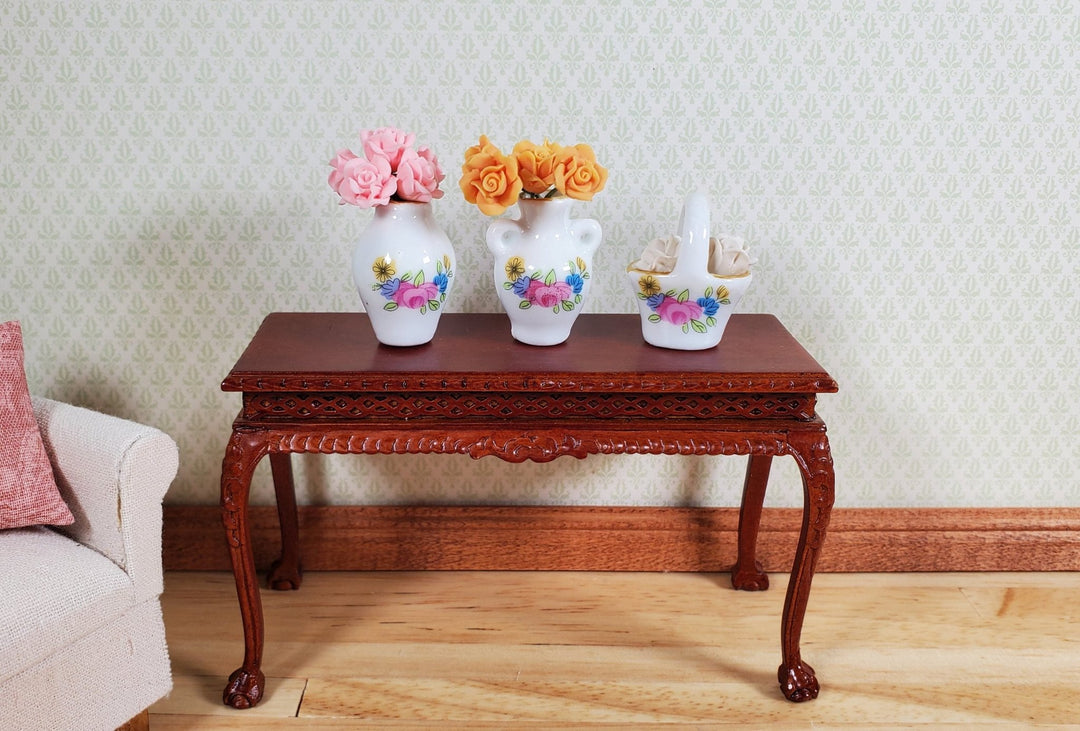 Dollhouse Vase Urn & Basket Ceramic White Pink Floral 3pc 1:12 Scale Miniatures - MiniatureCrush