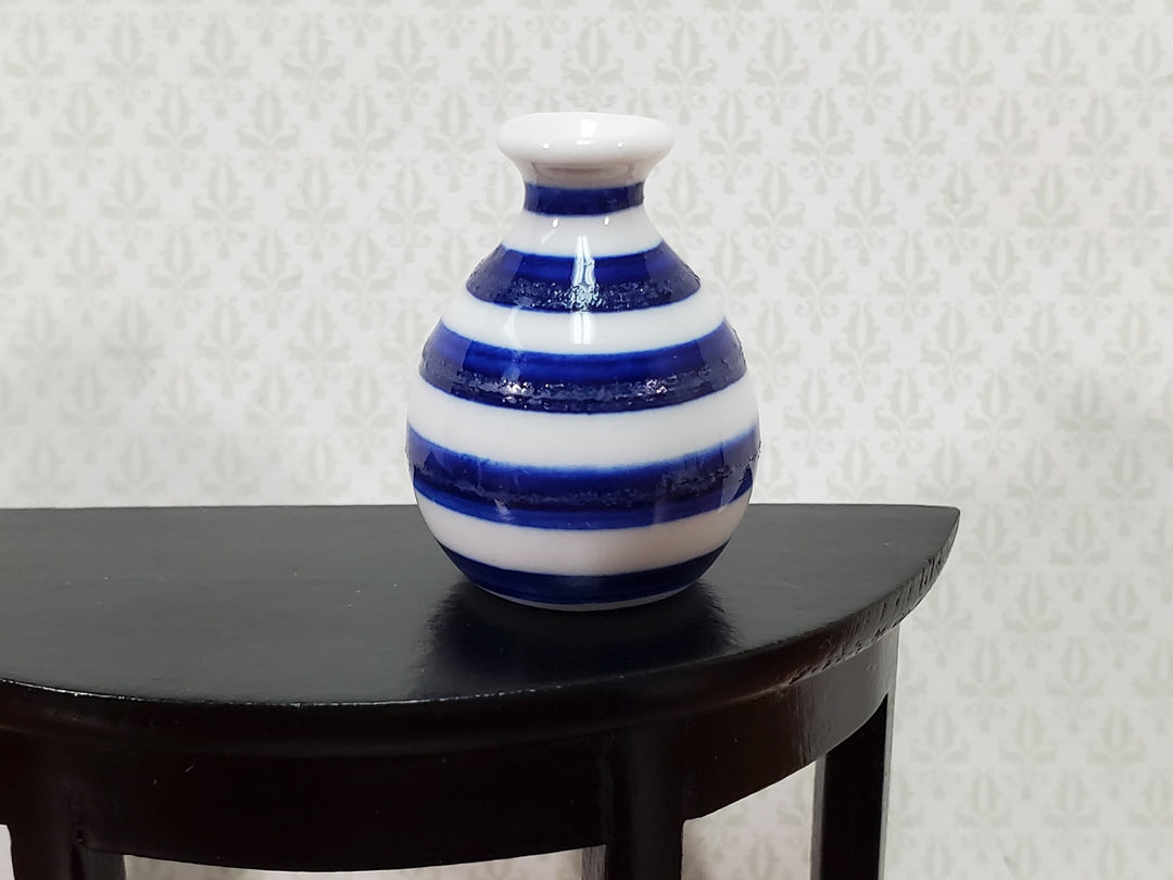 Dollhouse Vase Wide Blue & White Stripes Ceramic 1:12 Scale Miniature - MiniatureCrush