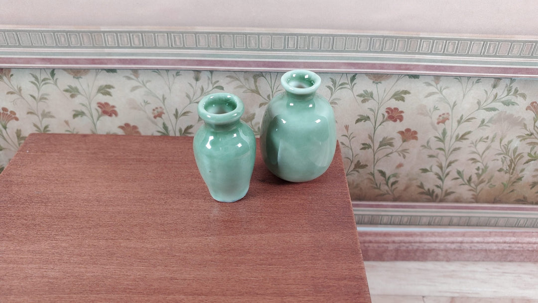Dollhouse Vases Sage Green Ceramic LARGE Set of 2 Modern 1:12 Scale Miniatures - MiniatureCrush