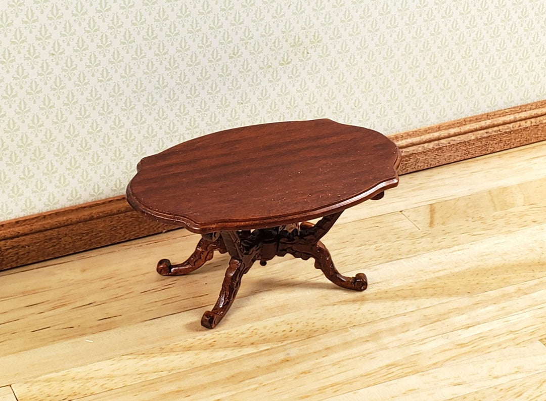 Dollhouse Victorian Coffee Table Oval Walnut Finish 1:12 Scale Miniature - MiniatureCrush