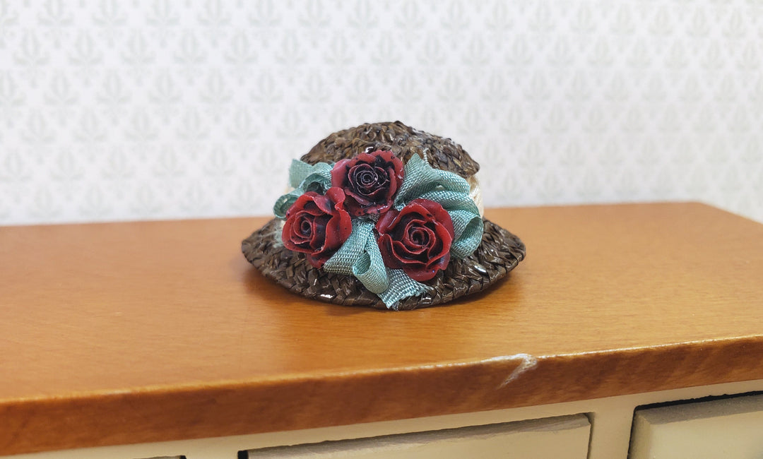 Dollhouse Victorian Hat Brown with Red Roses Handmade 1:12 Scale Miniature - MiniatureCrush