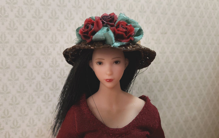 Dollhouse Victorian Hat Brown with Red Roses Handmade 1:12 Scale Miniature - MiniatureCrush