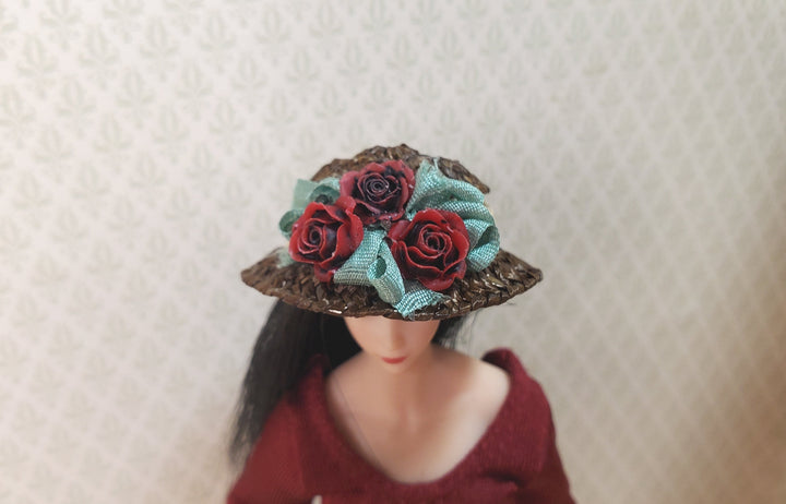 Dollhouse Victorian Hat Brown with Red Roses Handmade 1:12 Scale Miniature - MiniatureCrush