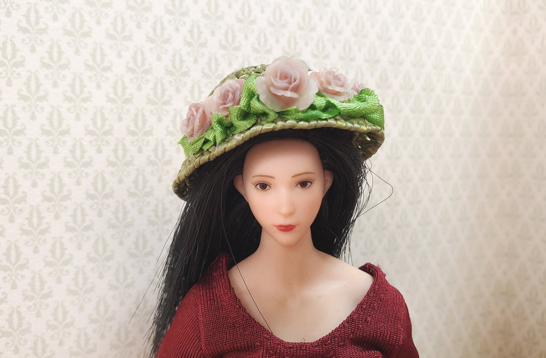 Dollhouse Victorian Hat Green with Pink Roses Handmade 1:12 Scale Miniature - MiniatureCrush