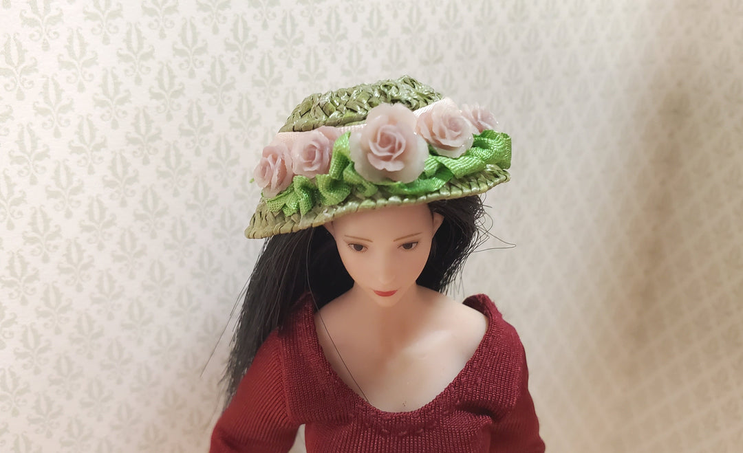 Dollhouse Victorian Hat Green with Pink Roses Handmade 1:12 Scale Miniature - MiniatureCrush