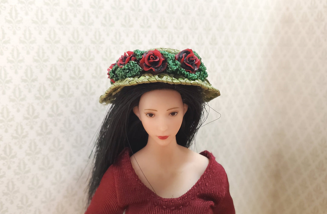 Dollhouse Victorian Hat Green with Red Roses Handmade 1:12 Scale Miniature - MiniatureCrush