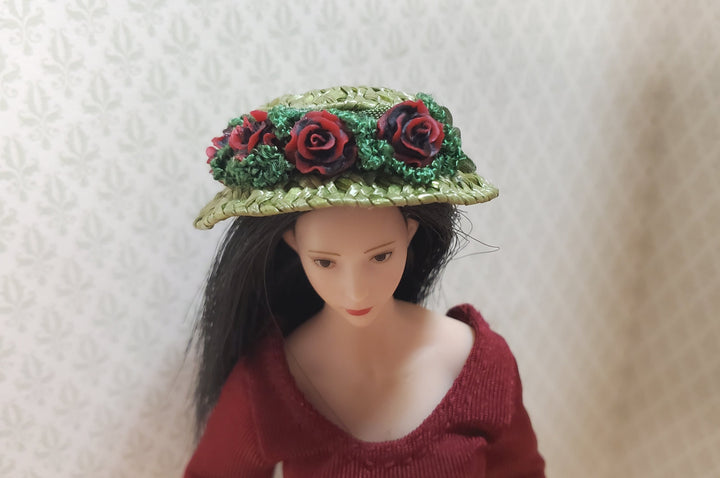 Dollhouse Victorian Hat Green with Red Roses Handmade 1:12 Scale Miniature - MiniatureCrush